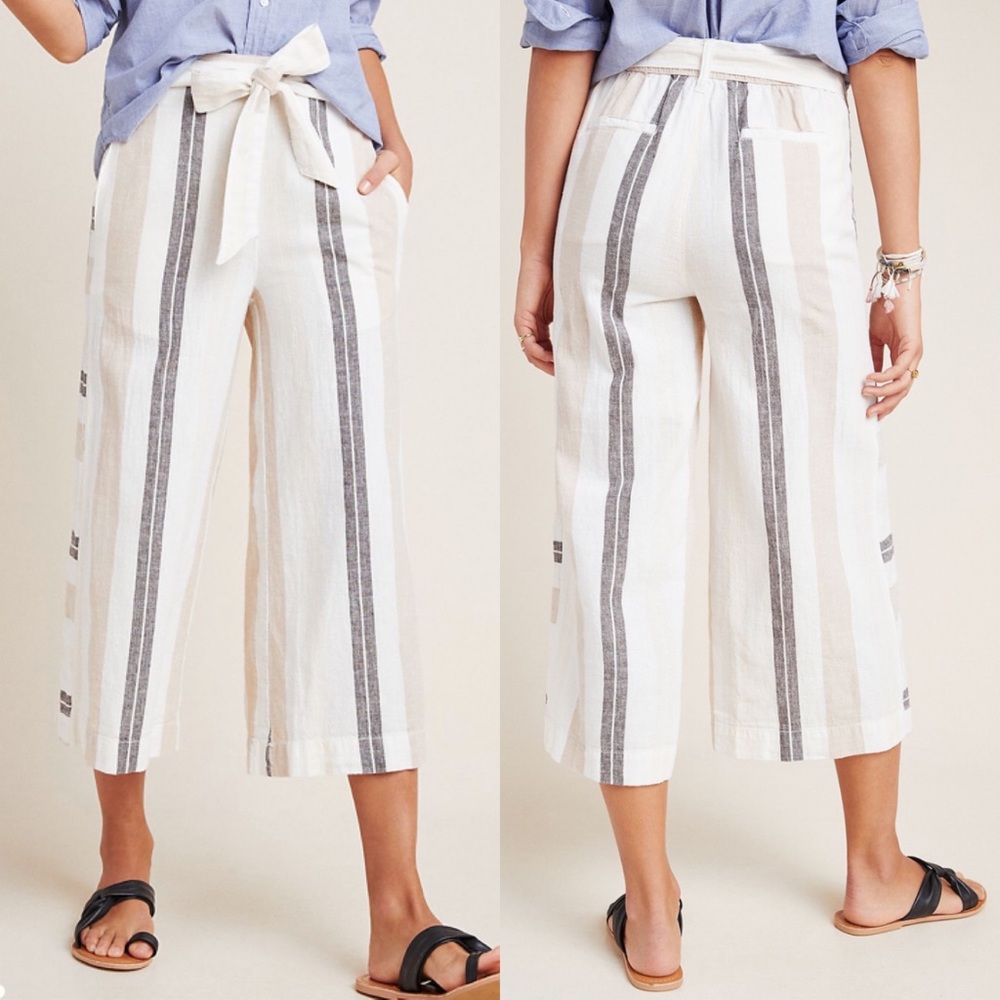 Anthropologie Striped Linen Wide Leg Crop Pants